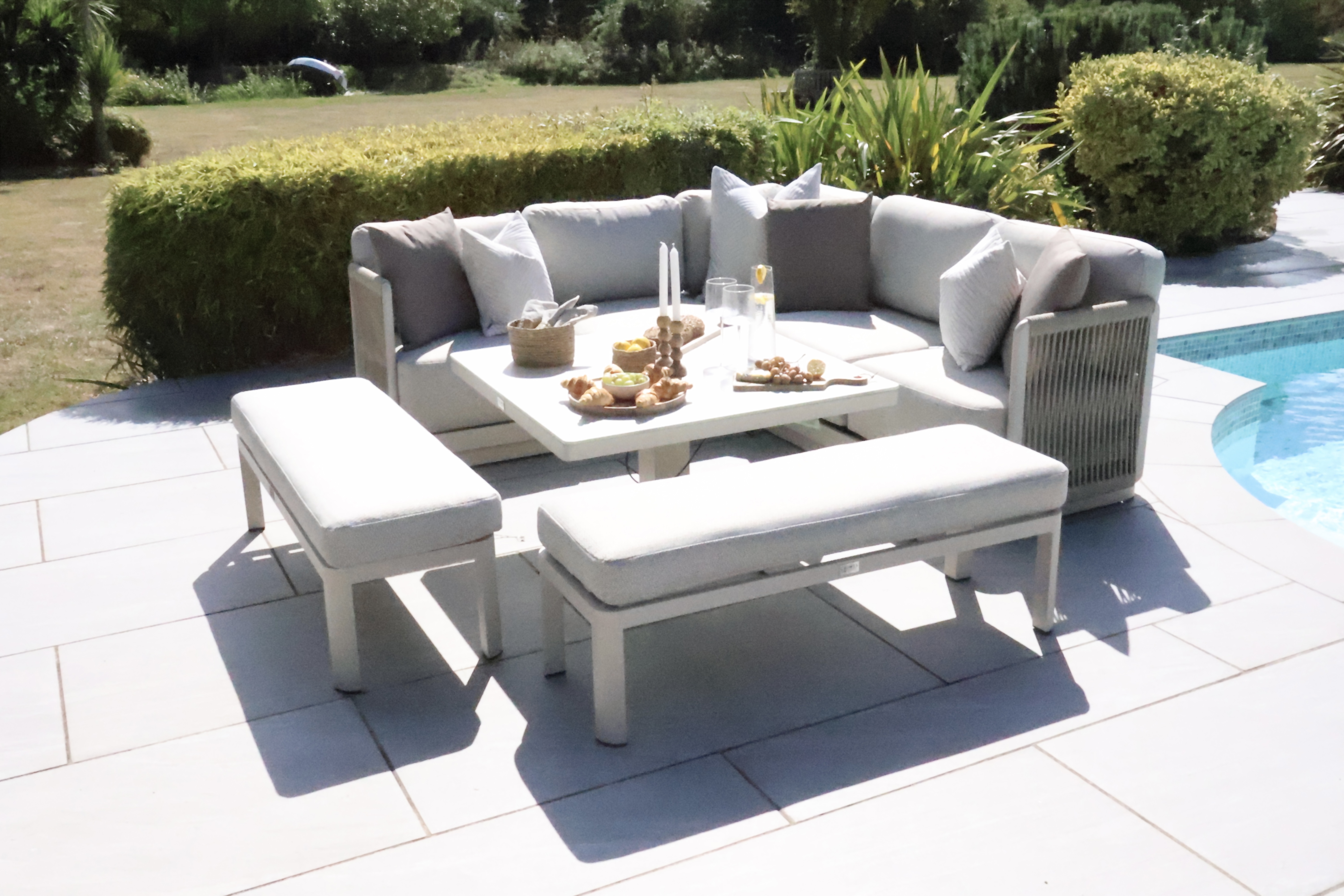 Chimes - Portofino Aluminium & Rope Compact Corner Dining Set With Rising Table - Cream